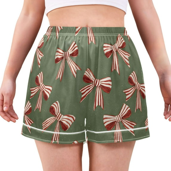 Women's Silk Pajama Shorts Red White Striped Bow Pajama Shorts Women's Casual Pajama Shorts with Pockets