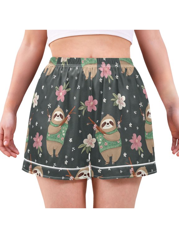 Women's Silk Pajama Shorts Sloth Flower Pajama Shorts Women's Casual Pajama Shorts with Pockets