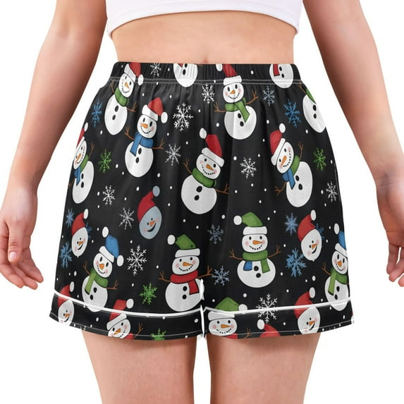 Women's Silk Pajama Shorts Snowflakes Snowman Pajama Shorts Women's Casual Pajama Shorts with Pockets