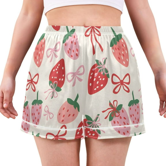Women's Silk Pajama Shorts Strawberry Simple Lines Bow Pajama Shorts Women's Casual Pajama Shorts with Pockets