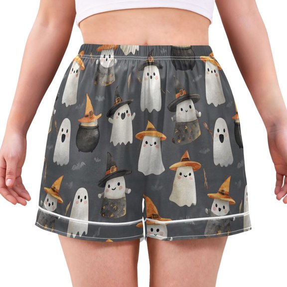 Women's Silk Pajama Shorts Witch Hat and Cute Ghost Pajama Shorts Women's Casual Pajama Shorts with Pockets