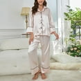 thumbnail image 1 of Women's Silk Pajamas 2 Piece Valentine Pajamas Long Sleeve Button Down Loungewear Beige Pajama Set for Women, 1 of 6