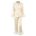 thumbnail image 1 of Women's Silk Pajamas Fuzzy Feather Trim Button Down Long Sleeve Shirt Pants Womens Two Piece Lounge Set Sleepwear for Women, 1 of 3