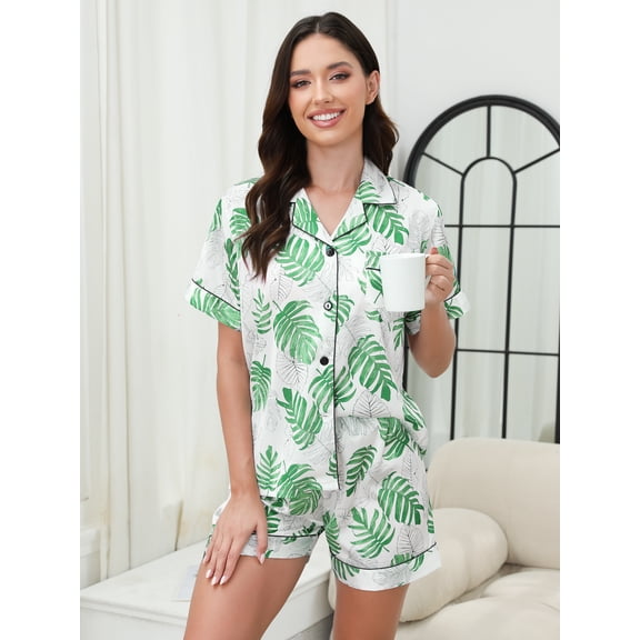 Women's Silk Pajamas Set - Short Sleeve Button-Down Top & Shorts, Satin Loungewear for Sleep and Vacation, Tropical Leaf Print, Sizes S-XXL