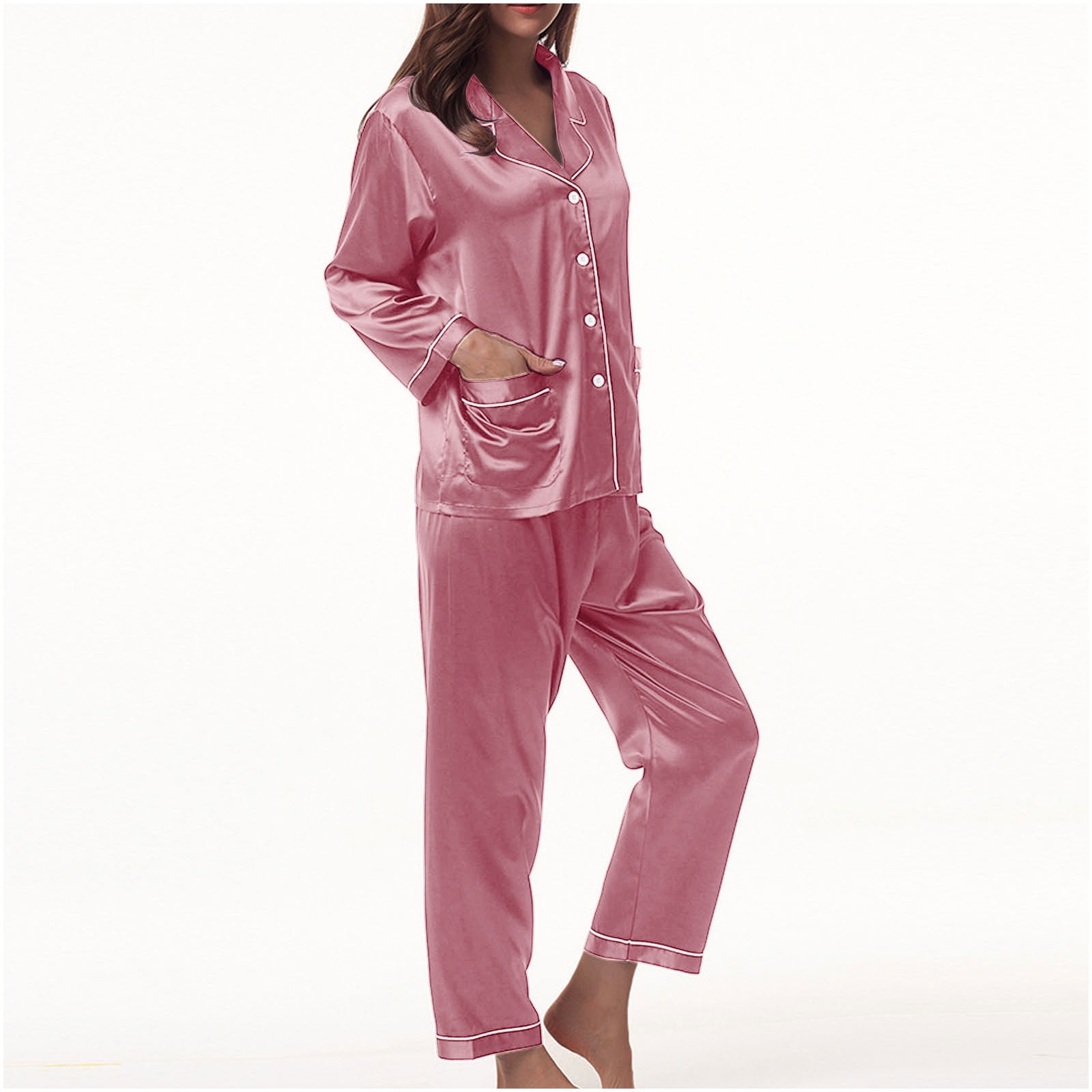 VALMASS Women's Silk Pajamas Sets Homewear Long Sleeve Button Down Nightshirt 2 Piece Sleepwear Loungewear with Pocket (xl, Hot Pink)