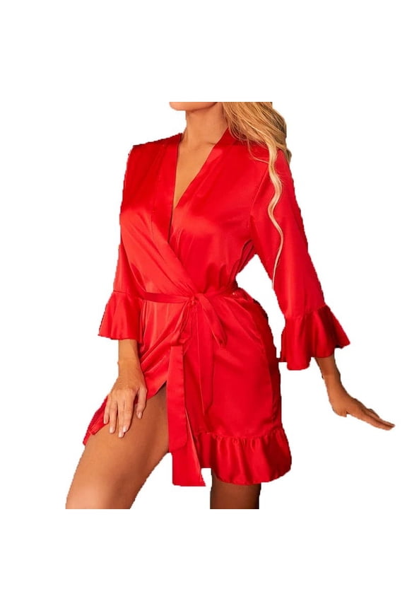 Women's Silk Robe Short Satin Kimono Robes Ruffle Hem Half Sleeve Sexy V Neck Sleepwear Bridesmaid Party Bathrobes