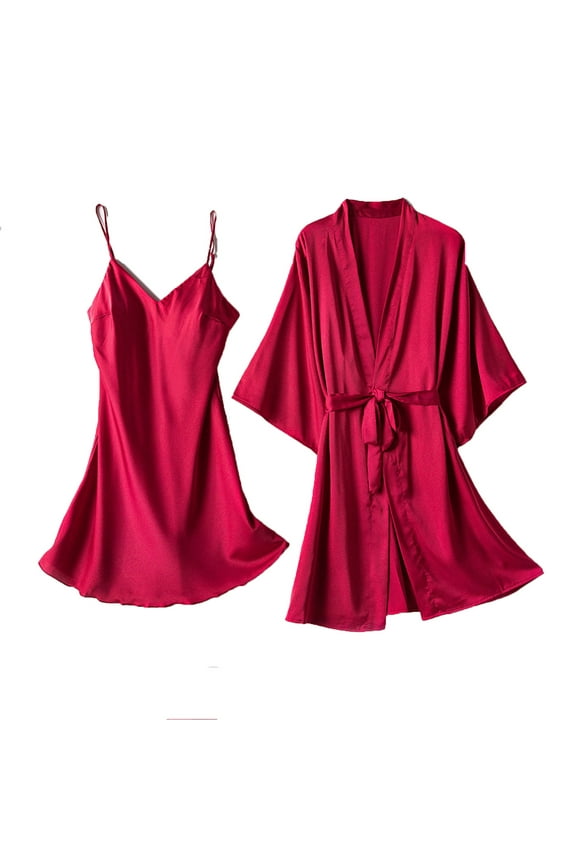 Women's Silk Robes Bride Bridesmaid Kimono Satin Bathrobe V Neck Sleepwear with 3/4 Sleeve (1PC Robes,1PC Dress)