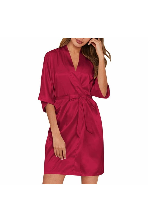 Women's Silk Robes Kimono Bride Bridesmaid Satin Bathrobe Short V Neck Belted Soft Sleepwear with 3/4 Sleeve