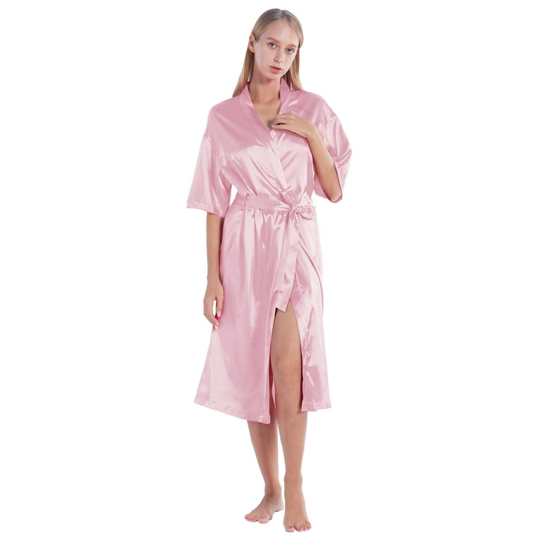 Women's Silk Robes Kimono Satin Bathrobe Sexy V Neck Short Sleepwear with  3/4 Sleeve Bridesmaids Bathrobe Loungewear with Waistbelt,S-XL Pink