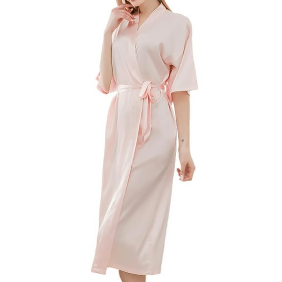 Women's Silk Robes for Bride Bridesmaid Short Satin Bathrobe Wedding Party Silky V-neck Loungewear with Pocket,Pink,XL
