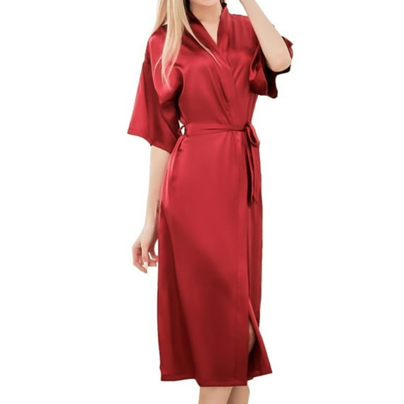 Women's Silk Robes for Bride Bridesmaid Short Satin Bathrobe Wedding Party Silky V-neck Loungewear with Pocket,Red,XL