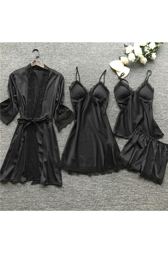 Women's Silk Satin 4pc Loungewear Set with Floral Lace Robe, Soft Night Dress