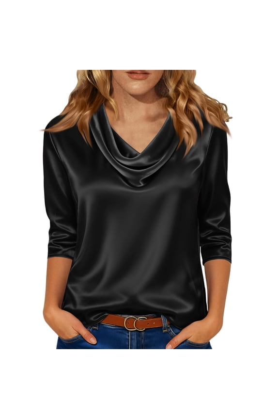 Women's Silk Satin Blouse Dressy Casual 3/4 Length Sleeve Cowl Neck Womens Tops Business Work Shirts Black L