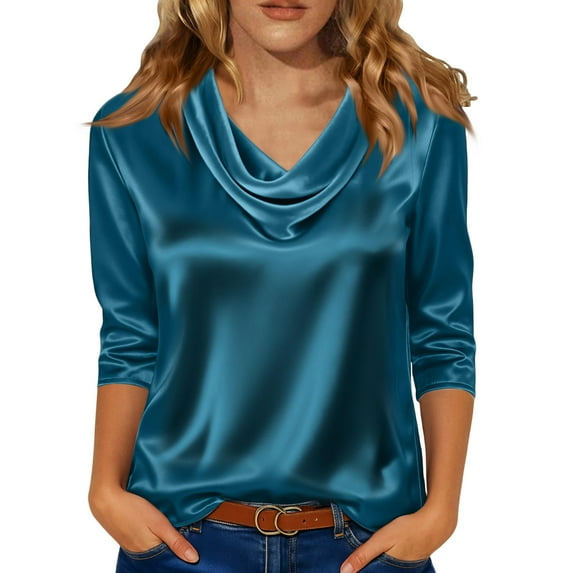 Women's Silk Satin Blouse Dressy Casual 3/4 Length Sleeve Cowl Neck Womens Tops Business Work Shirts Green XL
