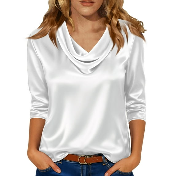 Women's Silk Satin Blouse Dressy Casual 3/4 Length Sleeve Cowl Neck Womens Tops Business Work Shirts White XL