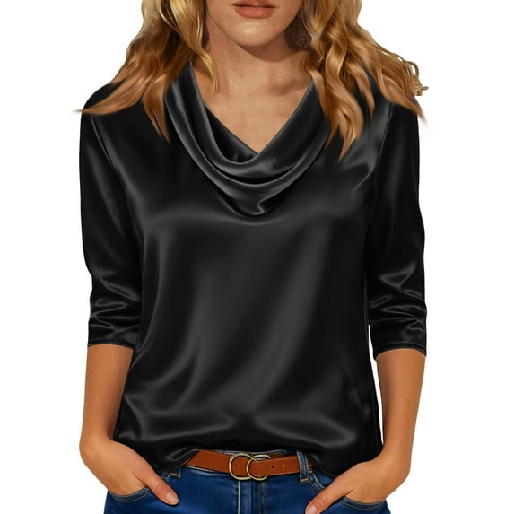 Women's Silk Satin Blouse Dressy Casual Cowl Neck 3/4 Length Sleeve Womens Tops Business Work Shirts Black M