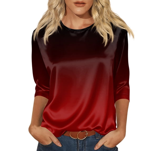 Women's Silk Satin Blouse Dressy Casual Crewneck 3/4 Length Sleeve Womens Tops Business Work Shirts Wine XL
