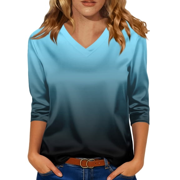 Women's Silk Satin Blouse Dressy Casual V-Neck 3/4 Length Sleeve Womens Tops Business Work Shirts Blue L