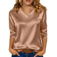 thumbnail image 1 of Women's Silk Satin Blouse Dressy Casual V Neck 3/4 Length Sleeve Womens Tops Business Work Shirts,Khaki - XL, 1 of 5