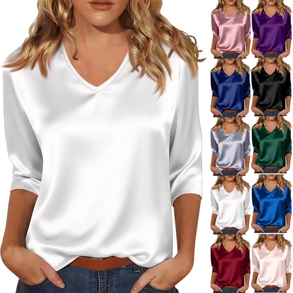 Women's Silk Satin Blouse Dressy Casual V Neck 3/4 Length Sleeve Womens Tops Business Work Shirts Purple Pink M