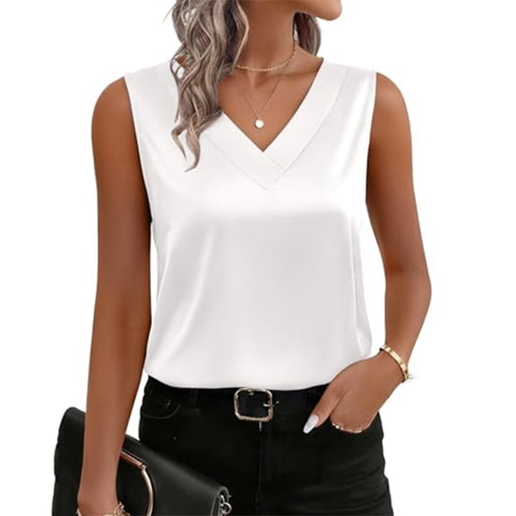 Women's Silk Satin Camisole Tank Tops V Neck Dressy Casual Sleeveless Blouses Summer Business Work Shirts White M
