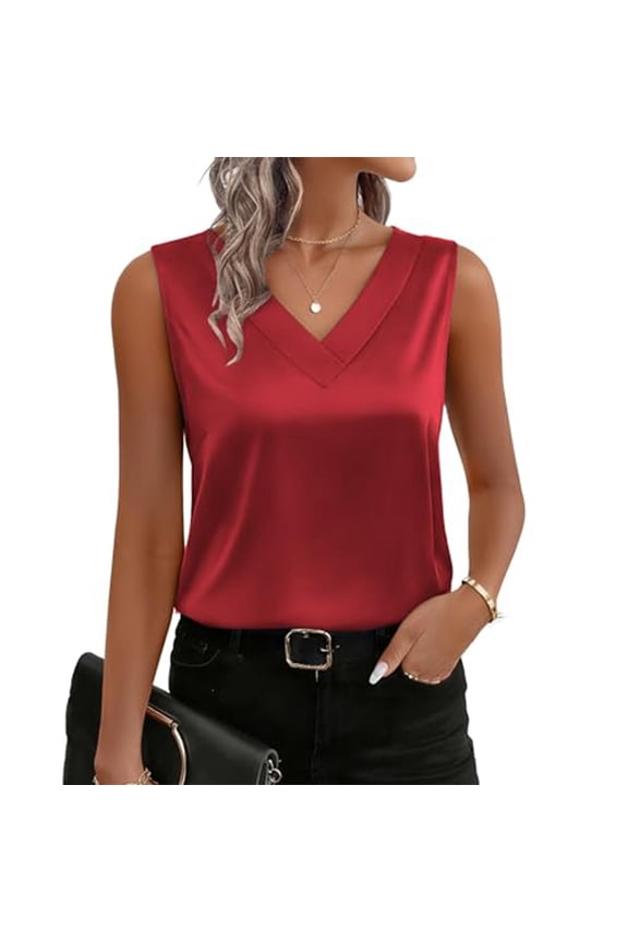 Women's Silk Satin Camisole Tank Tops V Neck Pleated Dressy Casual Sleeveless Blouses Summer Business Work Shirt Red M