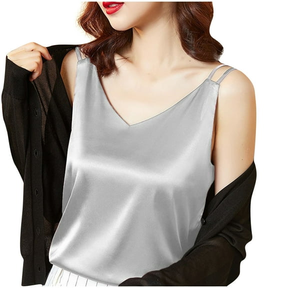 Women's Silk Satin Camisole V Neck Tank Top Cami Silky Basic Tank Shirt Blouses Dressy Work Office Blouse