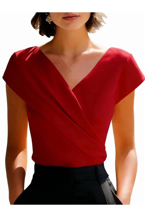 Women's Silk Satin Cowl Neck Top, Elegant Casual Summer Blouse with Short Sleeves Red L