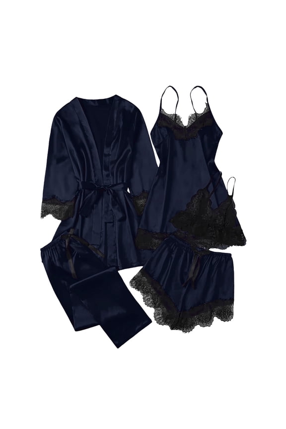 Women's Silk Satin Pajama Set - Lace Accent 3/4/5-Piece Robe & Loungewear Set, Sexy Elegant Sleepwear for Bridal & Gift-Giving