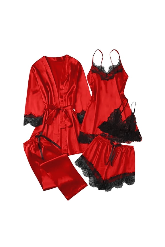 Women's Silk Satin Pajama Set - Lace Accent 3/4/5-Piece Robe & Loungewear Set, Sexy Elegant Sleepwear for Bridal & Gift-Giving