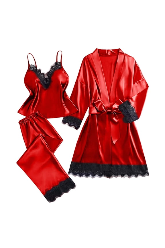 Women's Silk Satin Pajama Set - Lace Accent 3/4/5-Piece Robe & Loungewear Set, Sexy Elegant Sleepwear for Bridal & Gift-Giving