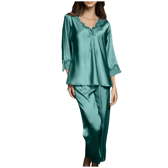 Women's Silk Satin Pajamas 2 Piece Outfits Casual Soft Lace V Neck 3/4 Sleeve Shirts and Pants Sets Sleepwear Pjs Green