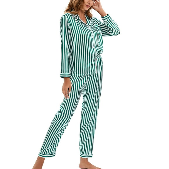 Women's Silk Satin Pajamas 2 Piece Print Lapel Long Sleeve Button Down Shirt and Pants Sets Sleepwear Loungewear Ladies Clothes