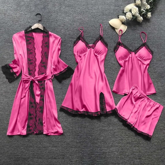 Women's Silk Satin Pajamas Set 4Pcs oversize Lace Cami Dress Sleepwear Nightdress Pajamas Set With Robe Hot Pink XXXL