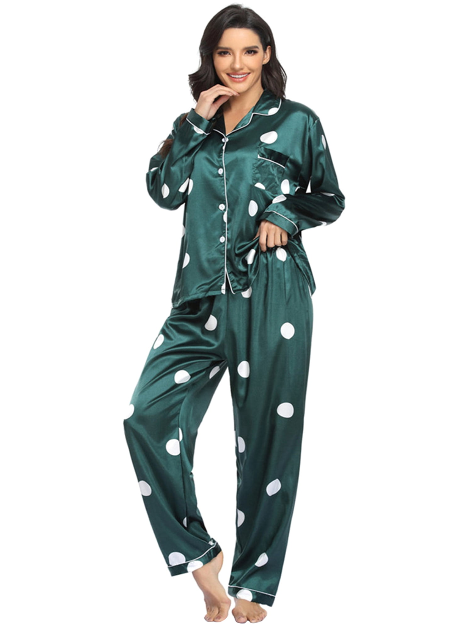Ociviesr Womens Silk Satin Pajamas Set Two-Piece Sleepwear Loungewear Button-Down Sets Pajama Set for Women Long Sleeve White Long Sleeve Pant Set