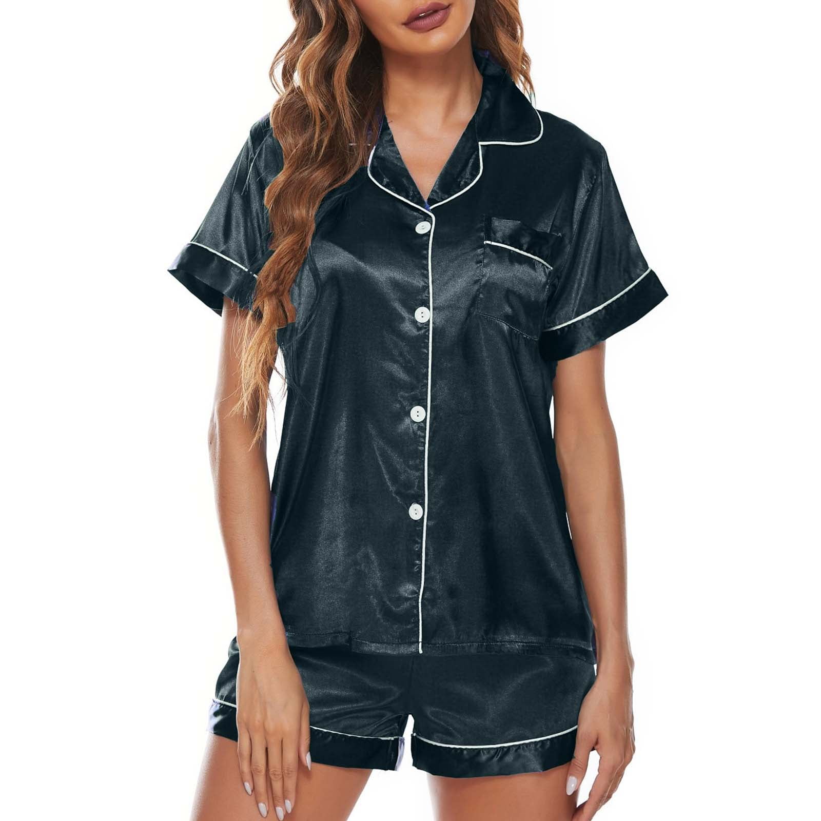 Women's Silk Satin Pajamas Set Short Sleeve Button Shirt Silky ...