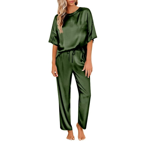 Women's Silk Satin Pajamas Set Short Sleeve Top and Long Pants Loungewear Sleepwear for Comfortable Nightwear