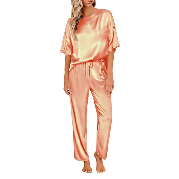 Women's Silk Satin Pajamas Set Short Sleeve Top and Long Pants Loungewear Sleepwear for Comfortable Nightwear