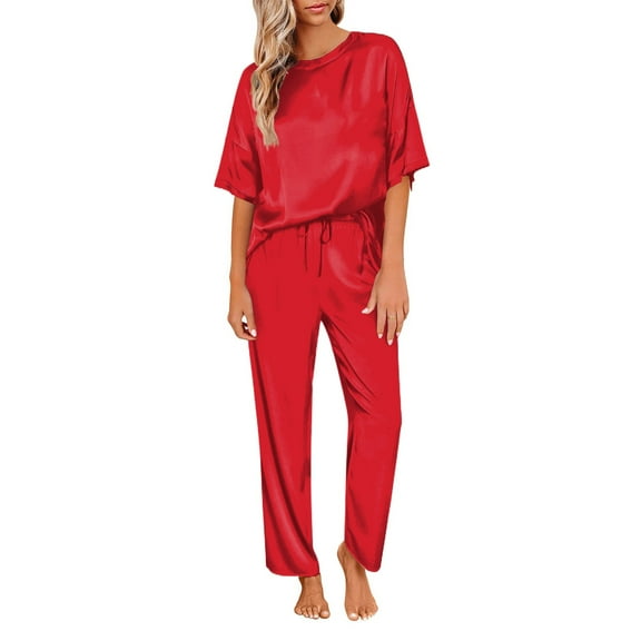 Women's Silk Satin Pajamas Set Short Sleeve Top and Long Pants Loungewear Sleepwear for Comfortable Nightwear