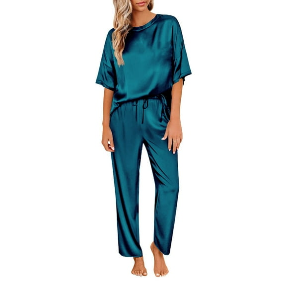 Women's Silk Satin Pajamas Set Short Sleeve Top and Long Pants Loungewear Sleepwear for Comfortable Nightwear