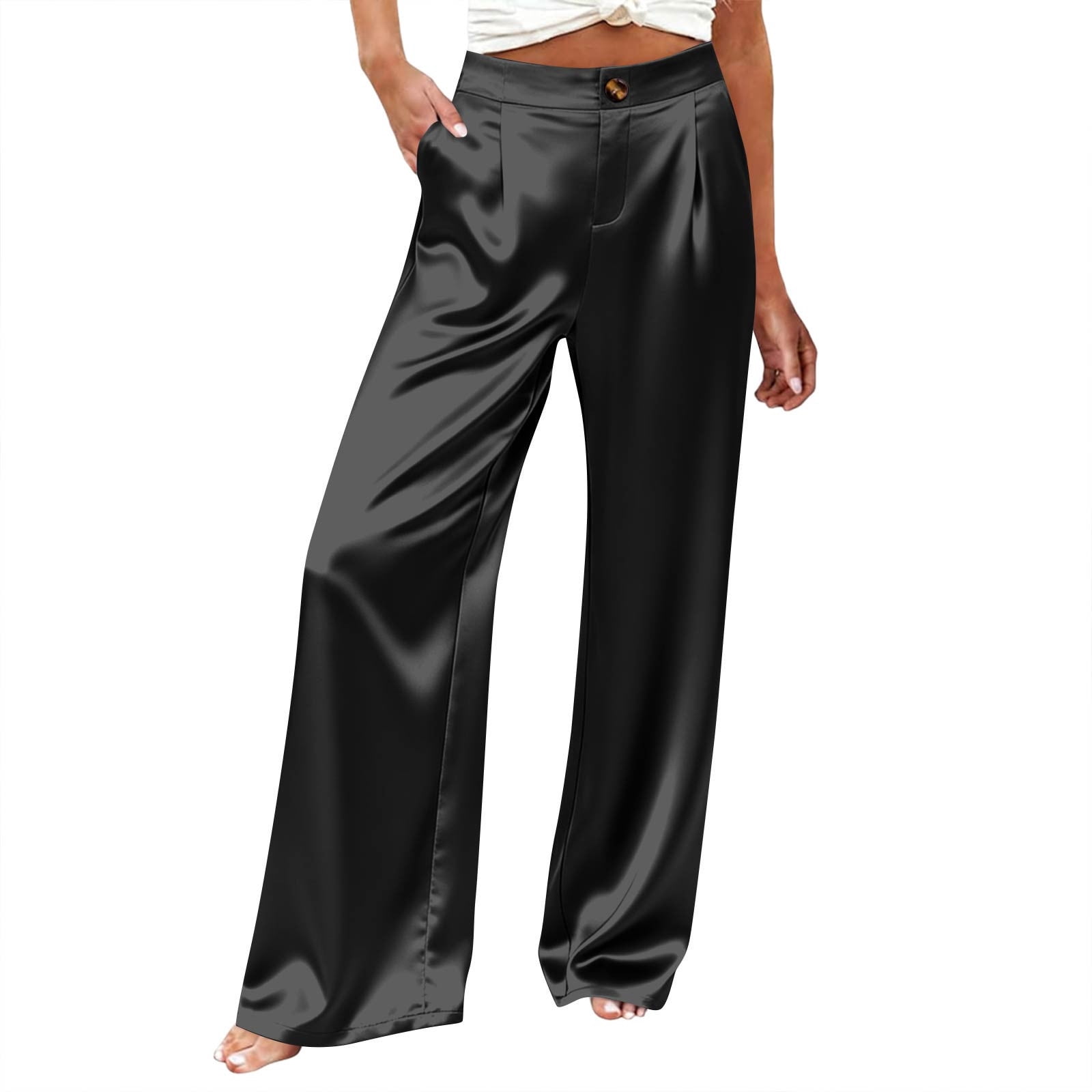 black satin dress pants Hinvhai Women's Silk Casual High Waist Wide Leg Straight Button Trouser Summer Clothes S(s), Size: Small From boardroom to cocktail color:Pink Stylish A-Line Off the Color:M-Champagne