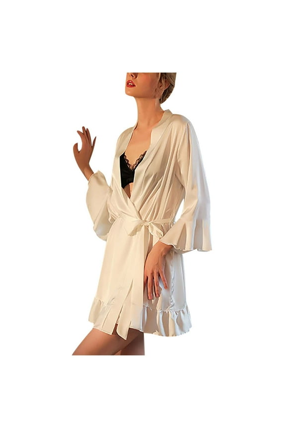 Pants for Women Women's Satin Robe Kimono Bridesmaids Robe Short Ruffle Hem Silky Bathrobe 3/4 Sleeve Night Robe Sleepwear