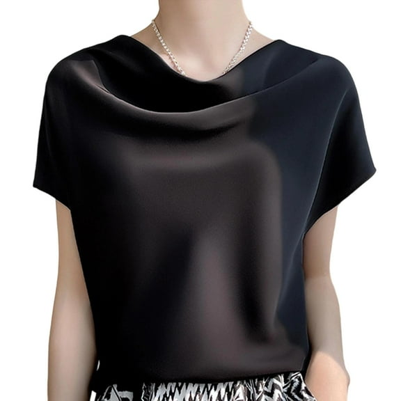 Women's Silk Satin Short Sleeve Blouse Solid Color Elegant Cowl/V Neck Shirt Dressy Casual Fashion Shirts Tops