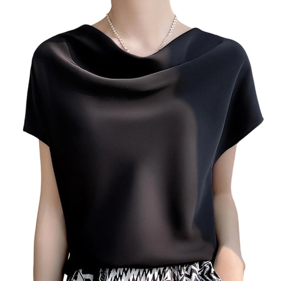 Women's Silk Satin Short Sleeve Blouse Solid Color Elegant Cowl/V Neck Shirt Dressy Casual Fashion Shirts Tops
