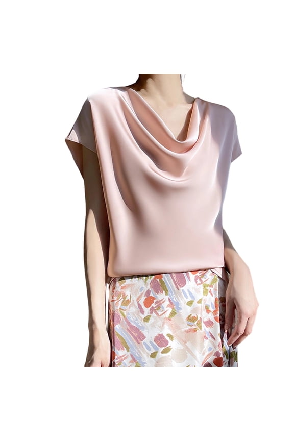 Women's Silk Satin Short Sleeve Blouse Solid Color Elegant Cowl/V Neck Shirt Dressy Casual Fashion Shirts Tops