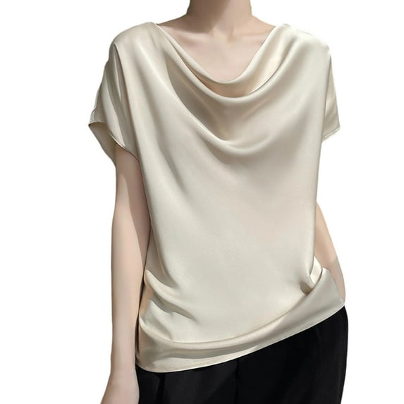 Women's Silk Satin Short Sleeve Blouse Solid Color Elegant Cowl/V Neck Shirt Dressy Casual Fashion Shirts Tops