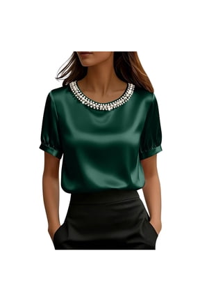 Women's Silk Satin Summer Casual Short Sleeve Top Crewneck Pearl Detail Solid Color Workwear Blouse Army Green