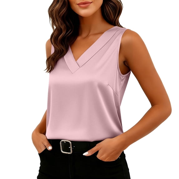 Women's Silk Satin Tank Top V Neck Sleeveless Ruched Blouse Summer Basic Tank Shirt Pink XXL