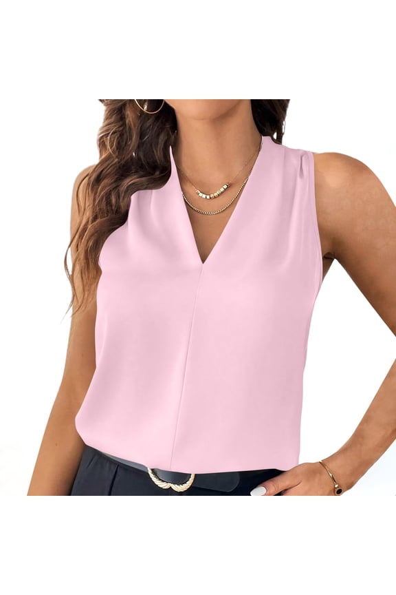 Women's Summer Tank Tops Dressy Casual Sleeveless Satin Blouses V Neck Tunics Cute Business Work Shirts Pink S(S)