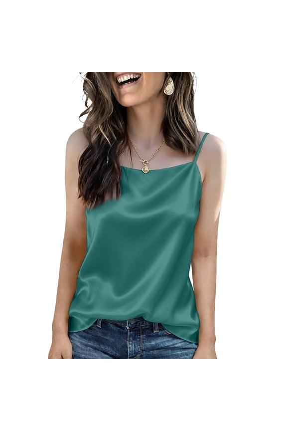Women's Silk Satin Tank Tops 2026 Square Neck Spaghetti Strap Sleeveless Camisole Summer Basic Solid Camis Blouses Green L